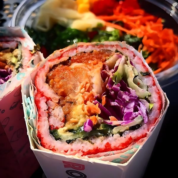 A Rollrritto Poke Bar poke burrito, filled with salmon, purple cabbage, and green vegetables.