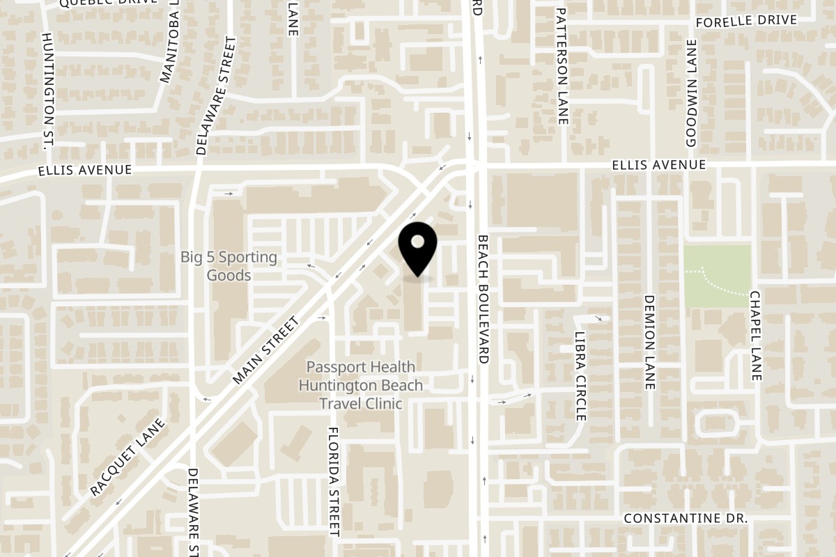 Map showing the location of Rollrritto Poke Bar on 18581 Beach Blvd in Huntington Beach